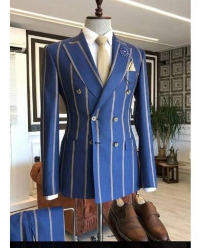New Fashion Blue Grey Brown Wide Stripe Men Suits Custom Made Slim Fit Tuxedo Masculino Blazer Prom Daily Wear 2 Pcs Jac