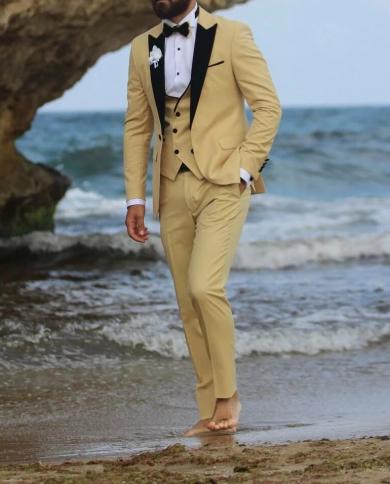 Summer Beach Wedding Men Suits Custom Made Double Breasted Vest Black Peal Lapel Groom Tuxedo Terno Masculino 3 Pieces B