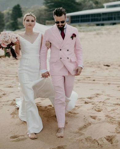 Summer Beach Wedding Pink Linen Men Suits Custom Double Breasted Tuxedos Two Pieces Suit Man Blazers Slim Fit Terno Masc