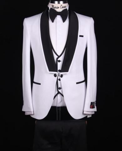 Real Photo Black Lapel Costume Homme White Men Suits 3 Pcs Wedding Tuxedos Slim Fit Groom Prom Blazer Hombre Terno Mascu