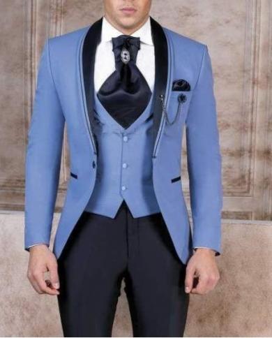 New Arrival Blue Groomsmen Shawl Lapel 3 Pieces Groom Tuxedos Men Suits Wedding Prom Best Man Blazer  Jacketpantstie