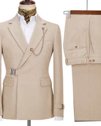 Belt Design Male Suits 2pcs Jacket Pants Beige Notch Lapel Blazer Trousers Wedding Clothing Tailored Men Sets Party Wear