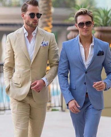 Costume Homme Linen Men Suits For Beach Wedding Groom Tuxedos Notched Lapel Terno Two Pieces Groomsmen Wear Slim Fit Men