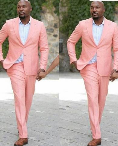 Costume Homme Summer Beach Pink Linen Men Suits Wedding Tuxedos Formal Groomsmen Suits Peaked Lapel Man Blazer jacketp