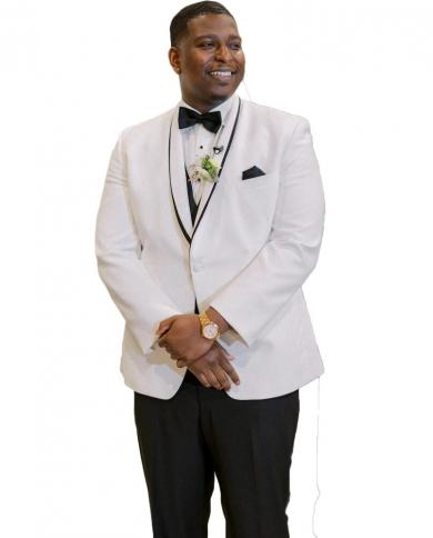 Plus Size White Men Suits 3 Pcs Wedding Groom Prom Party Dress 1 Button Blazer Sets Costume Homme Trajes Elegantes Para 
