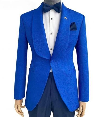 Royal Blue Pattern Men Suits Black Pant Shawl Lapel Costume Homme Wedding Tuxedo Terno Masculino Slim Fit Blazer 2 Pcssu