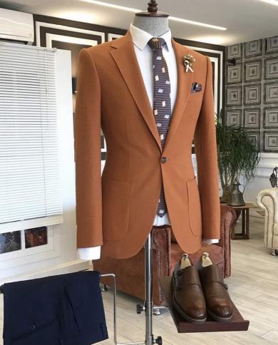 Orange One Button Notch Lapel Men Suits Costume Homme Wedding Prom Terno Masculino Slim Fit Groom Blazer 2 Pcs Jacketpa