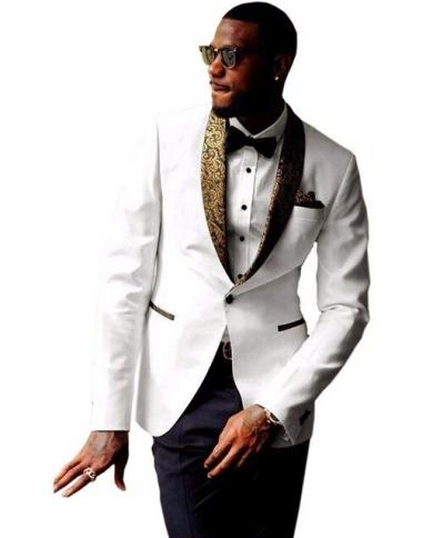 White Men Suits Pattern Shawl Lapel Costume Homme Slim Fit Tuxedos Wedding Groomprom Blazer Terno Masculino 2 Pcs Jacke