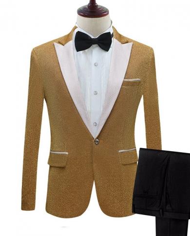  Gold Shiny Male Tuxedos Suits Wedding Suits For Men Groom Costume Homme Prom Blazer Party Best Man Suit 2 Pcs Jacket Pa