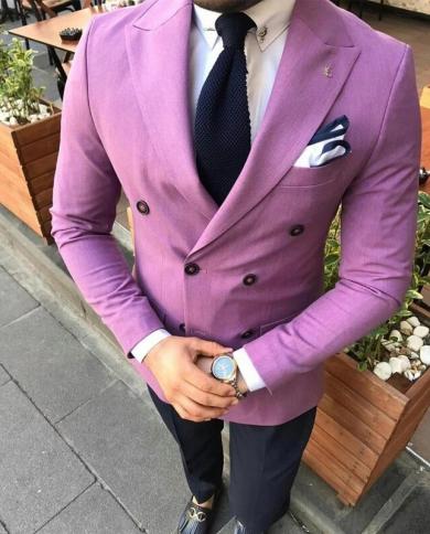 Purple Slim Fit Double Breasted Men Suits Costume Homme Wedding Groom Tuxedo Terno Masculino Slim Fit Blazer 2 Pcs Jacke