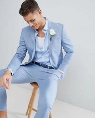 Costume Homme Light Blue Men Suits Slim Fit Groom Prom Dress Blazer Casual Beach Summer Style 2 Piece Male Tuxedo Jacket