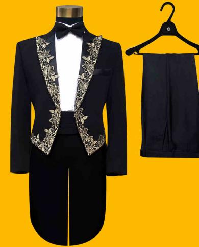 jacketpantsbowtie Fashion Brand Mens Suits Tuxedos Tailcoat Male Wedding Slim Blazers Prom Groom Black Embroidered S