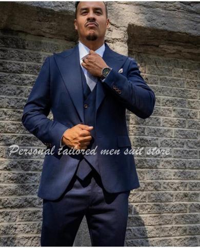 Costume Homme Navy Blue Men Suits Peak Lapel Wedding Dress Tuxedos Terno Masculino Slim Fit Groom Prom Blazer jacketpa