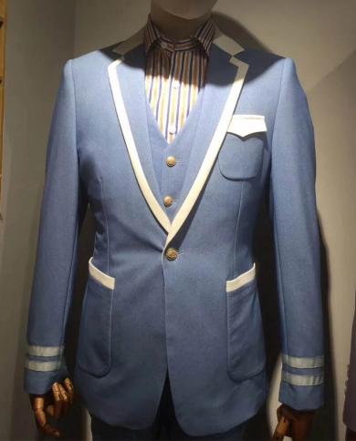 Costume Homme Blue One Button Men Suits White Notch Lapel Groom Wedding Tuxedo Prom Terno Masculino Slim Fit Blazer 3 Pi