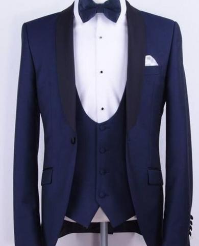 Blue Classic Fit Men Suits For Wedding Wear Shawl Lapel Three Piece Groom Tuxedos Formal Suit Jacket Pants Vestsuits