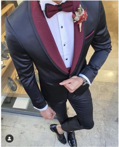 New Arrival  Shiny Black Slim Fit Men Suits Wedding Mens Suits Men Suits One Button Wedding Groom Tuxedos 2 Pcsjacketp