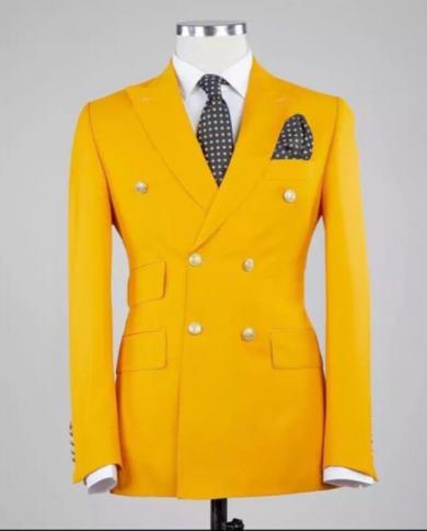 Fashion Yellow Double Breasted Men Suits 2 Pcs Slim Fit Terno Masculino Wedding Prom Groom Blazer Daily Wear Outfits Ves