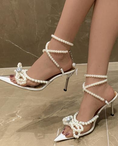 2022 New Design Crystal Beads Bowknot Women Sandals Fashion Clear Pvc Ankle Strap Gladiator Sandals Summer Party Prom Sh