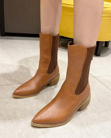 Botas de cano alto Cowboy Western Boots 2022 Botas de outono quentes Sapatos de couro sintético feminino Botas longas Sapatos fe
