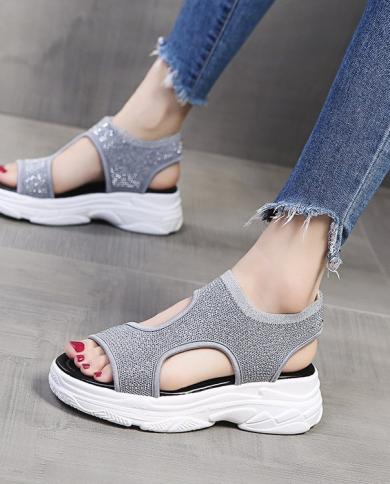 Sandálias Femininas Calçado de Cunha Sandálias de Plataforma de Verão Sapatos Femininos Deslizamento Feminino Peep Toe Tênis Fem