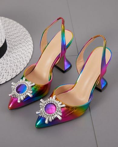 Rainbow Color Women Sandals Pointed Toe Sun Style Rhinestone High Heels Weeding Shoes Spike Heel Slingback Pumps 2022