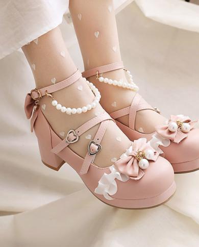 Women High Heels Mary Jane Pumps Party Wedding Cosplay White Pink Black Ruffles Bow Princess Cosplay Lolita Shoes 2022