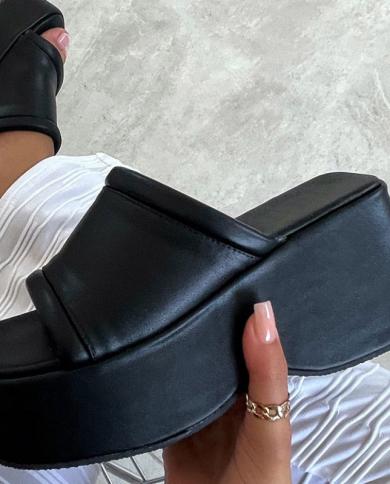 Womens Slippers Square Toe Pu Leather Platform Ladies Shoes Summer 2022 Fashion Thick Bottom Female Slipper Woman Flip 