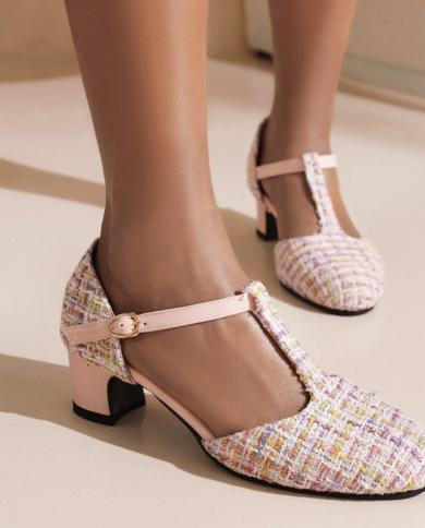 Lady Plaid T Strap Mary Janes Shoes Women Sweet Bow Mid Heel Girl Woman Summer Lolita Shoe Round Toe Casual Pumps Dropsh