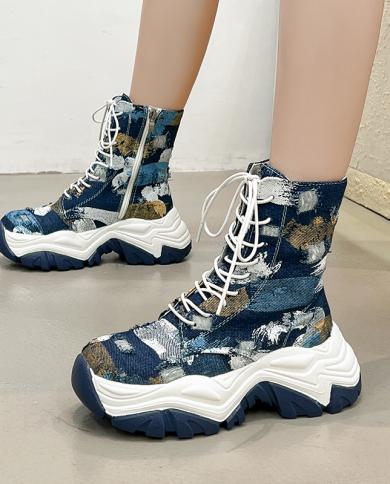 Brand New Ins Hot Camouflage Mixed Color Fashion Casual Platform Chunky Heels Canvas Ankle Boots Shoes Woman 2022