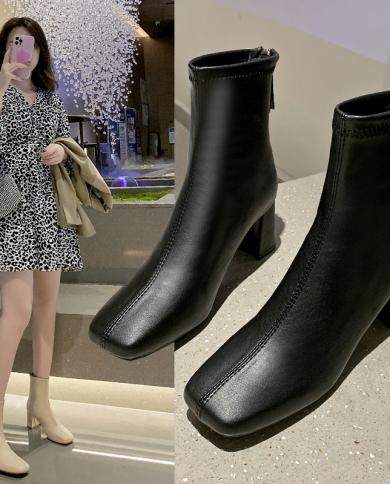 Botines de tacón cuadrado, botas de moda para mujer, versión de 6cm, tacones de cuero con cremallera, calzado informal para muje