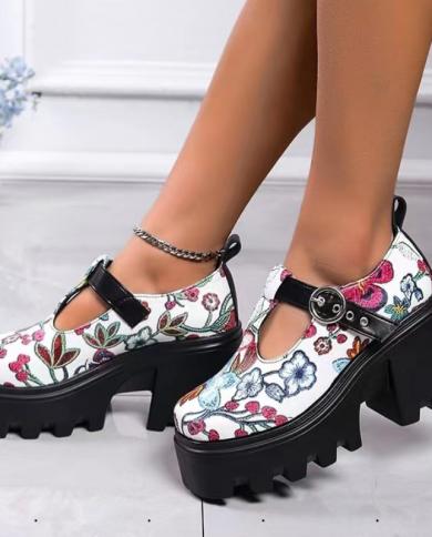 Zapatos De tacón De flores a la moda para mujer, Zapatos De mujer con cabeza redonda, Zapatos De verano 2022, tacones altos, tac