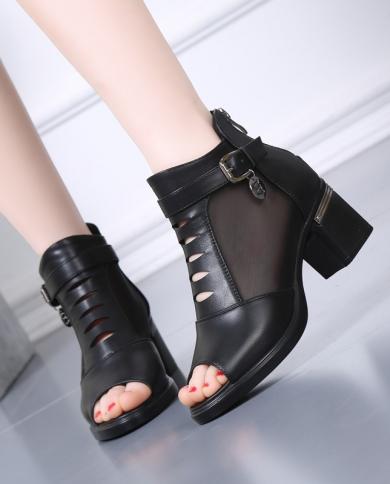 2022 New Open Toe Sandals Boots Womens Pu Leather Summer Mesh  Shoes Low Heel Back Zipper Leather Sandals Gladiator San