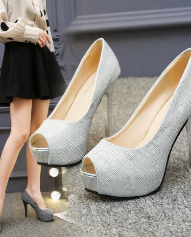 Summer Pumps Women Shoes Platform Pu Leather Shallow 14cm Thin High Heels Non Slip Slip On Peep Toe Lady  Party Female S