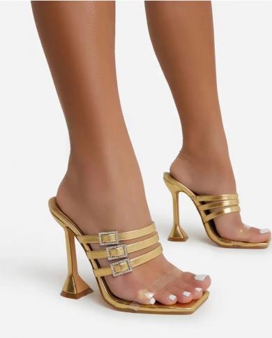 Rhinestone Buckled Clear Strap Pyramid Heels Sandals Women Slip On Zebra Stripe Mules High Heels Shoes Summer Party Dres