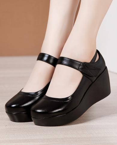 Round Toe Wedge Pumps Women Shoes Mary Jane Shoes Thick Bottom Leather Shoes Platform Pumps Fashion Brand New Large Size