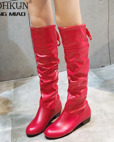 Fashion Women Boots Spring Boots Botas Female Stretch Pu Leather Boots Shoes Woman Black Red White Roma Knee Length Boot