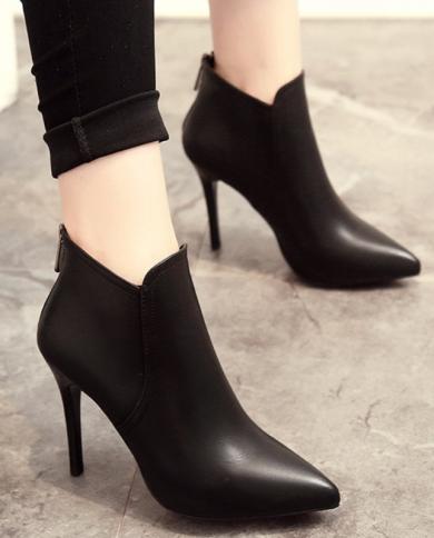New Women Boots Ankle Pu Leather Zipper Booties High Heels Autumn Shoes Black Winter Boots Zapatos De Mujer Pointed Toe