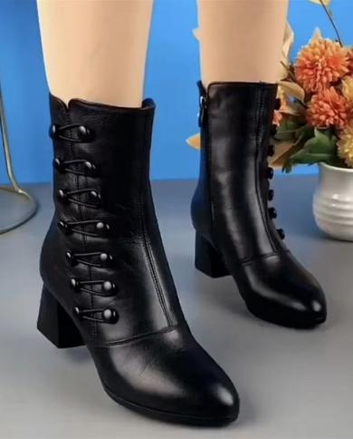 2022 Autumn And Winter New Leather High Heeled Small Short Boots Womens Thick Heeled Nude Boots Short Ankle Boots Women