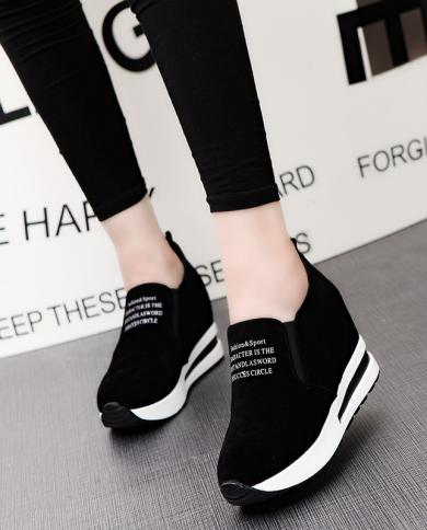 New Flock Increasing Shoes High Heels Lady Casual Black Women Sneakers Leisure Platform Shoes Slip On Breathable Height 