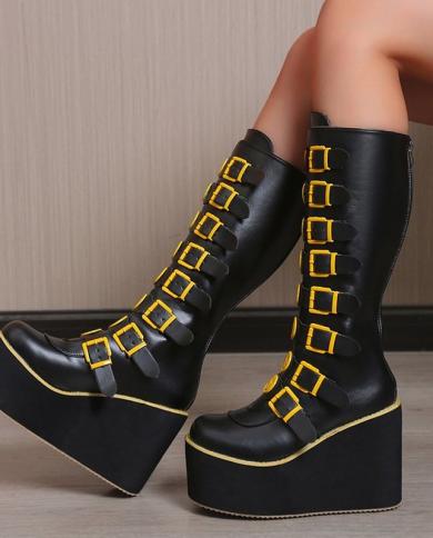Plus Size 43 Black Gothic Vampire Halloween Cosplay Punk Buckle Street Platform Wedge High Heel Boots Women Shoes 2023