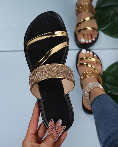 2022 estate nuove donne moda oro argento pelle verniciata tacco piatto sandali strass Bling banda stretta spiaggia casual S