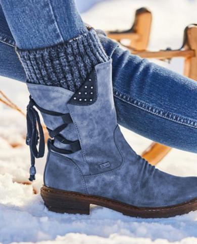  Women Winter Midcalf Boots Flock Winter Shoes Ladies Fashion Snow Boots Shoes Thigh High Suede Warm Botas  Womens Boot