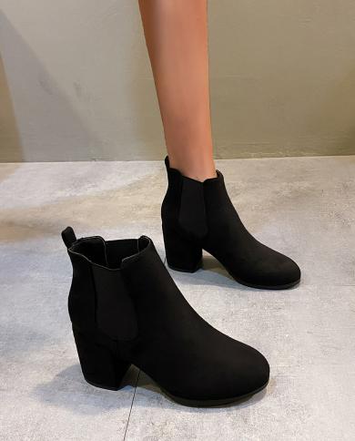 2022 Suede Pointed Toe High Top Boots Square High Heels Women Autumn Winter Casual Ankle Boots Womens Platform Heels