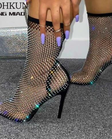 Summer Bling Bling Rhinestone Mesh Pointed Toe Sandals Ankle Boots Stiletto High Heels Female Crystal Mesh Shoes Sandals