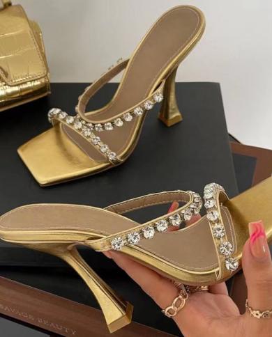 New Design Square Toe Golden Slippers Sandals Fashion Crystal Diamond Strange Heels Shoes Woman Summer Slides 2022
