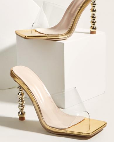 2022 New Strange Heel Pvc Transparent Golden Women Slippers Square Toe Sandals Mules Summer Slides Shoes Ladies