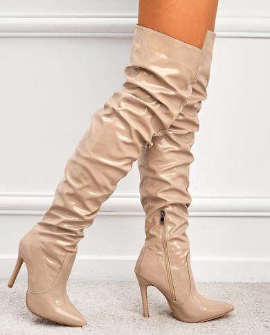 New Design Pleated Leather Over The Knee Boots Fashion Runway Strange High Heels  Pointed Toe Zip Womans Shoes