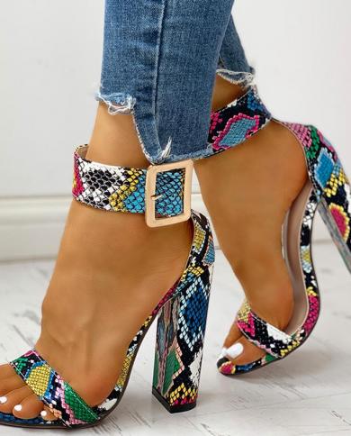 2022 Summer Women Shoes Snakeskin Ankle Buckled Sandals Chunky Heeled Sandals Open Toe Leopard Party Shoes