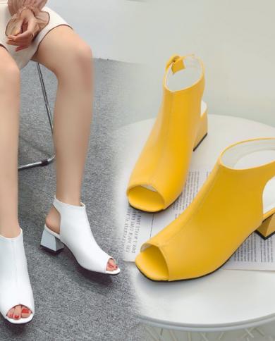 Women Sandals Peep Toe Plus Size 43 44 45 46 47 48 Shoes Handmade Black Yellow  Style High Square Block Heels Buckle Par