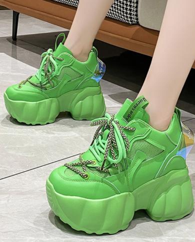 New Women Lace Up Chunky Sneakers Designer White Dad Shoes High Platform Ulzzang Mesh Shoes Summer Breathable Casual Spo
